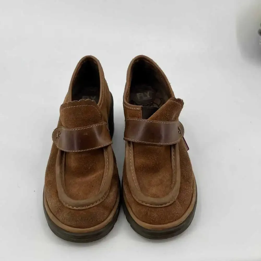 Fly London Tan Suede Block Heel Loafers | Size 39EU